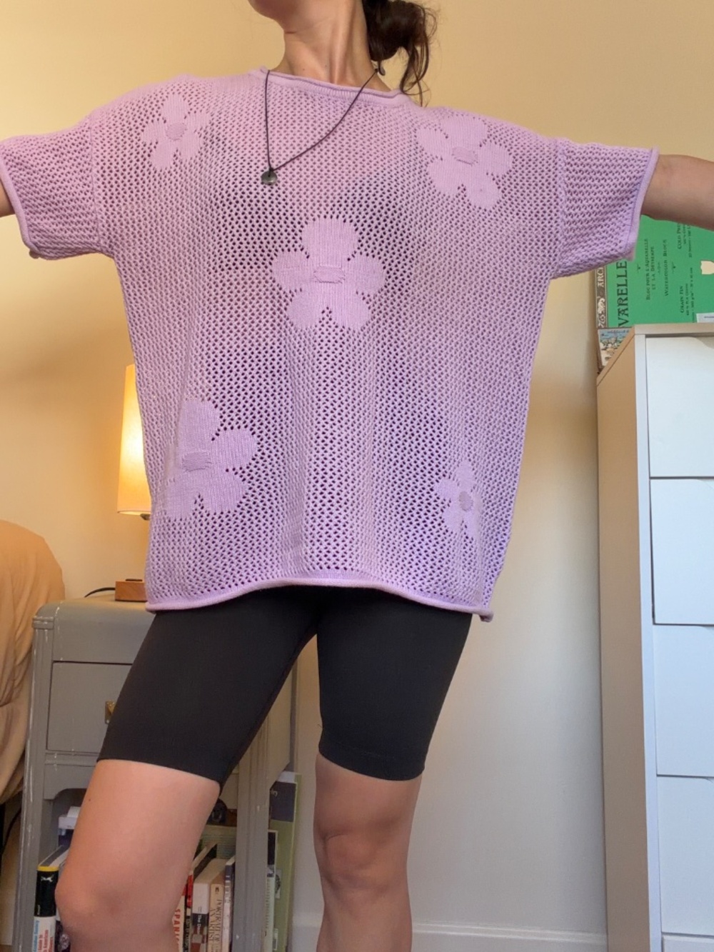 Cato Brand Purple Short Sleeve Crocheted Top With Floral Pattern